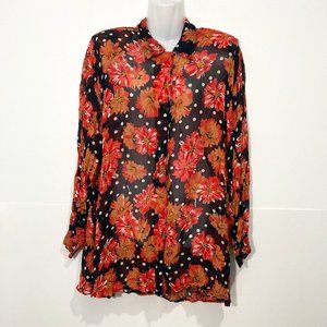 Zero Zero Button Up Sheer Blouse Floral Polka Dot Long sleeve Rayon Multicolor M